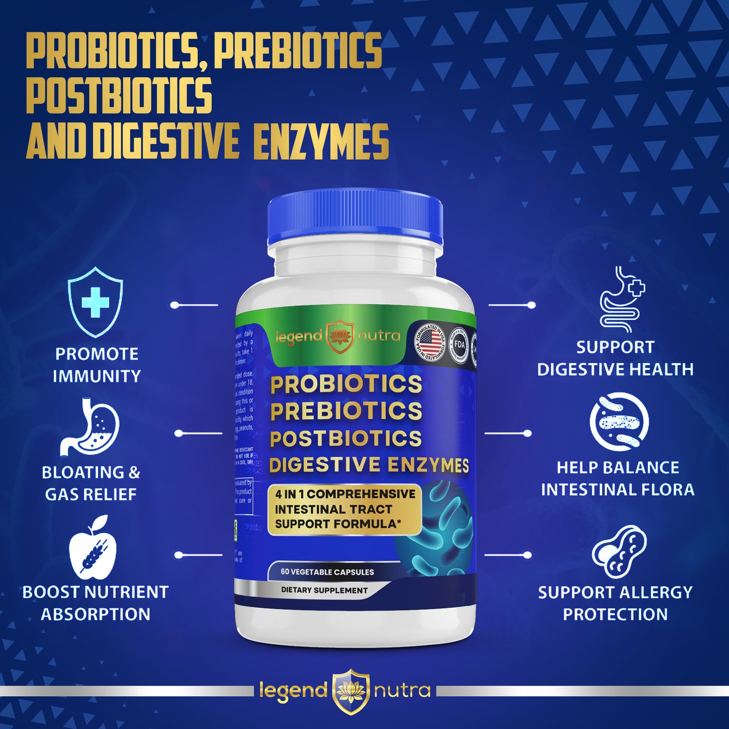 4 in 1 Formula Probiotics Prebiotics Postbiotics Digestive Enzymes Supplement for Digestive and Gut Health