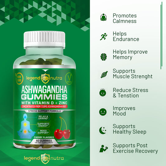 Ashwagandha Gummies 750mg with Vitamin D Zinc Stress & Anxiety Relief Mood Enhancer Ashwagandha Root 60 Gummies Vegan Natural Supplements