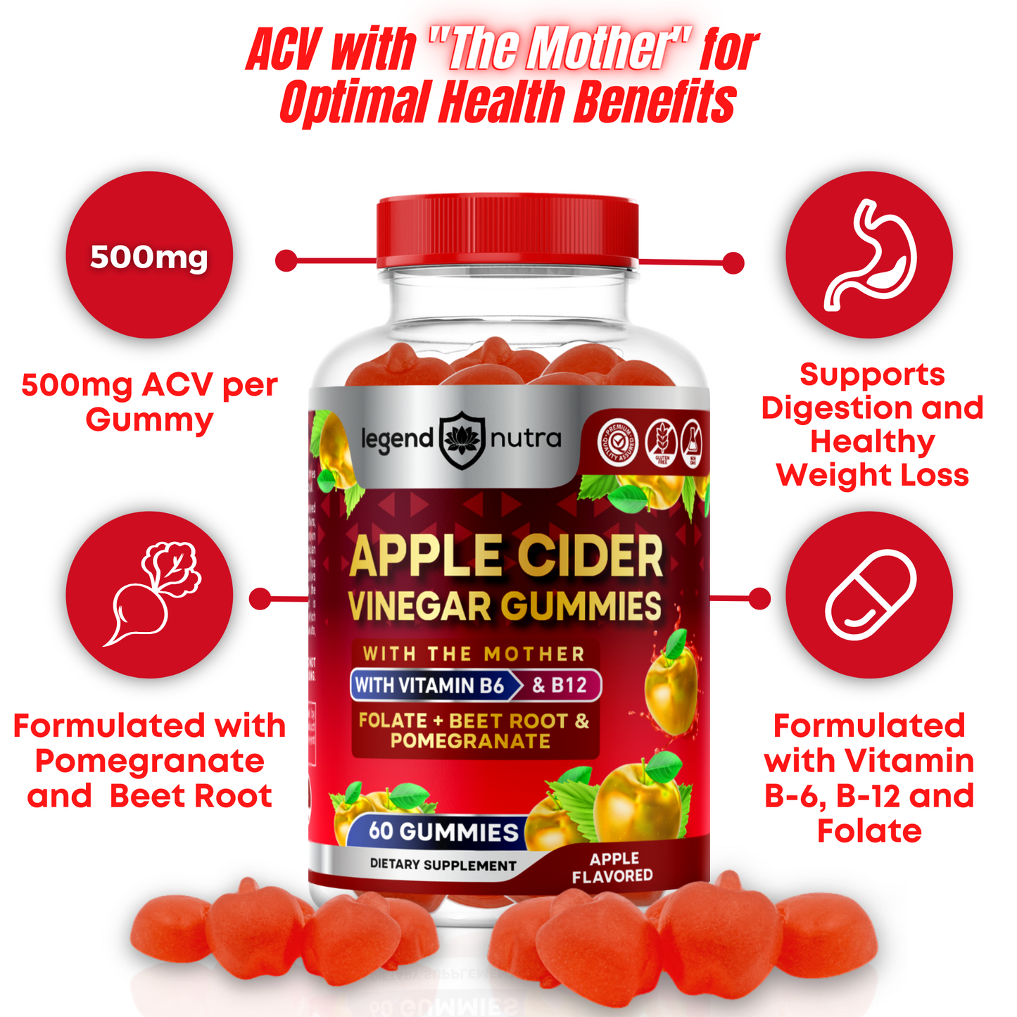 Apple Cider Vinegar Gummies ACV with The Mother Vitamin B6 and B12 Folate Beet Root and Pomegranate Non GMO 60 Gummies Apple Flavored