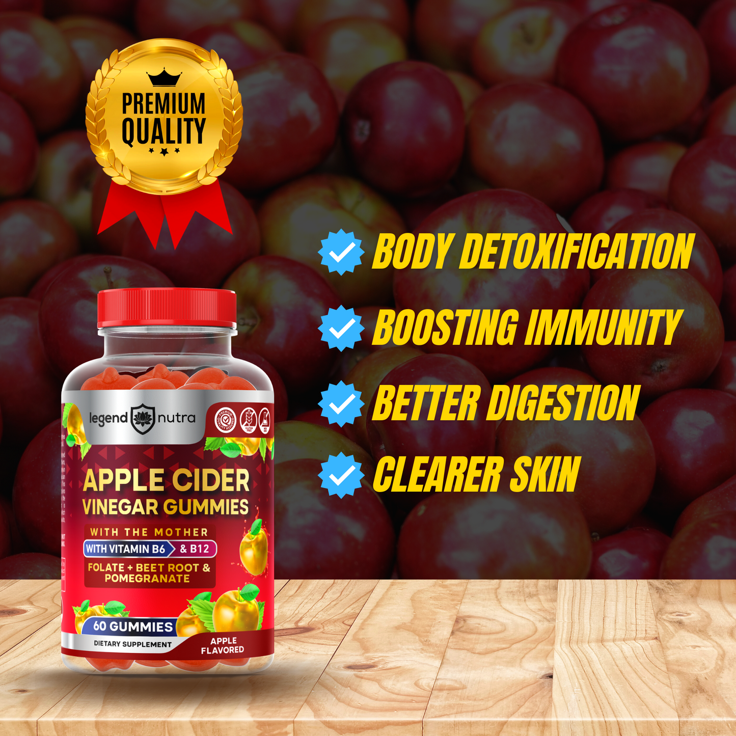 Apple Cider Vinegar Gummies ACV with The Mother Vitamin B6 and B12 Folate Beet Root and Pomegranate Non GMO 60 Gummies Apple Flavored