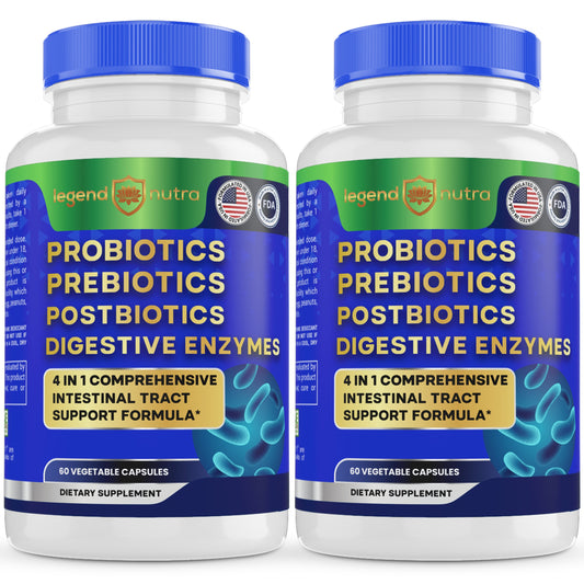 Probiotics + Prebiotics + Postbiotics + Digestive Enzymes = 4 in 1 Formula Supplement for Better Digestion Health for Women, Men Probiotics for Digestive and Gut Health, 2-Pack, 120 Count